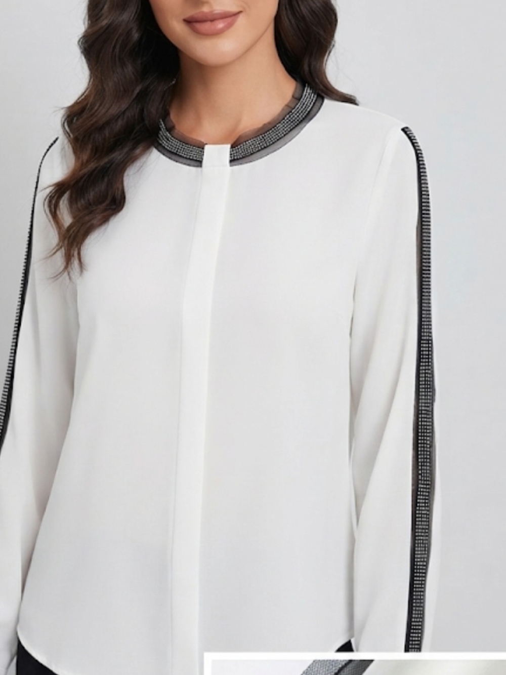 Korean White Robe Chiffon Blouse with Rhinestone Mesh Sleeves Size 14